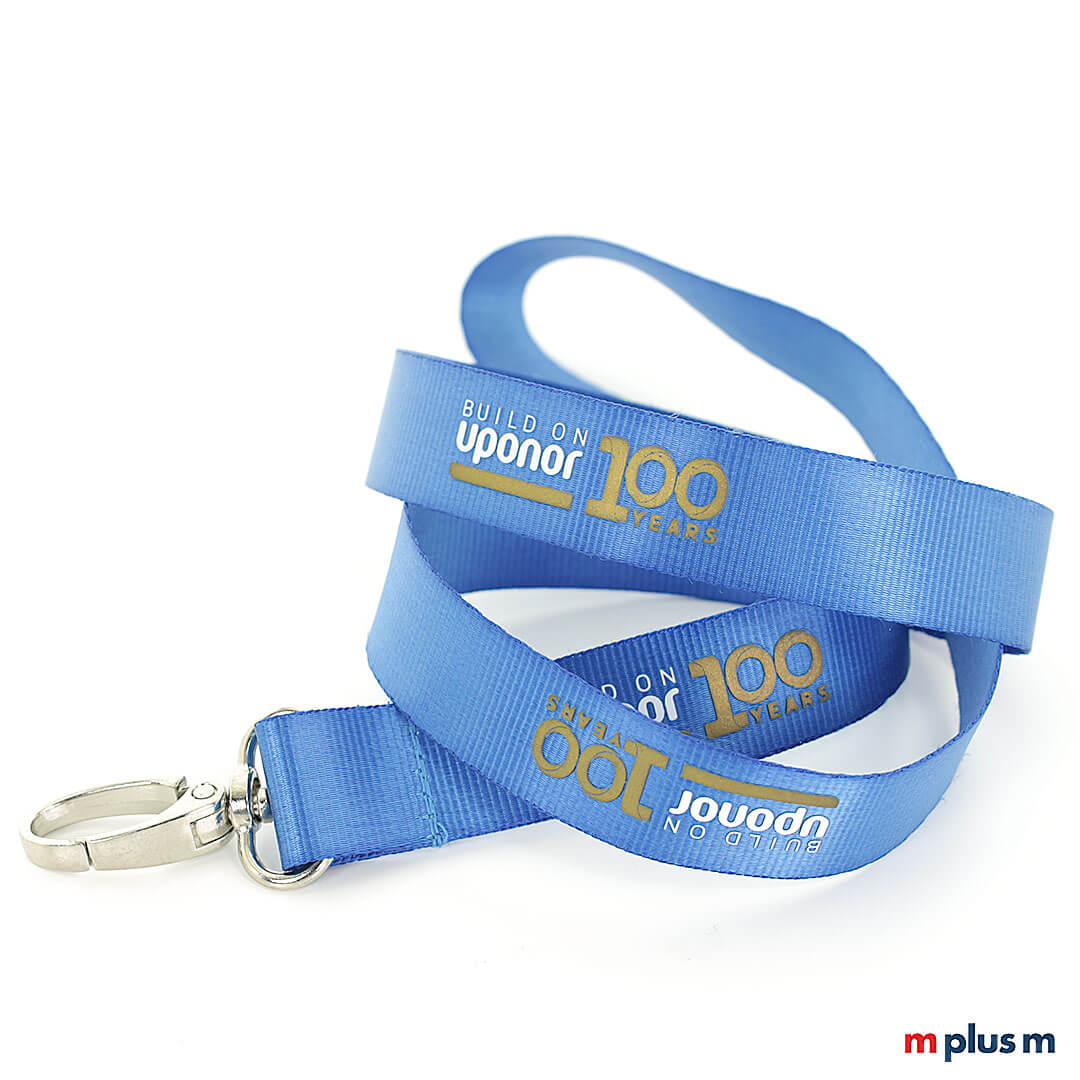 Klassisches Band Lanyard aus 100 % Polyester als Giveaway in Sonderfarbe Blau nach Pantone