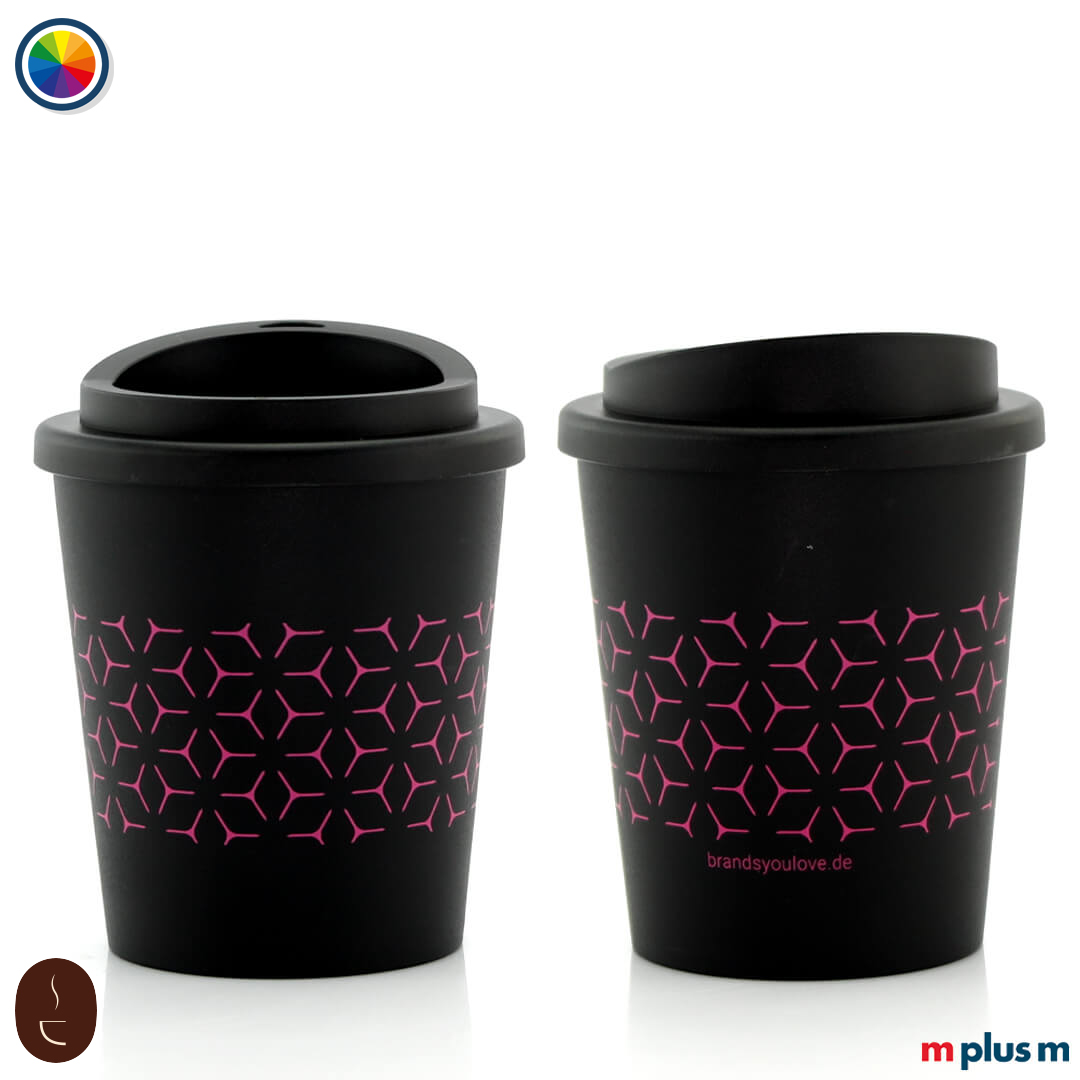 Early Bird Thermobecher schwarz aus BPA-freiem PP, spülmaschinengeeignet und bruchfest, nachhaltiger Werbeartikel mit Logo Druck personalisiert