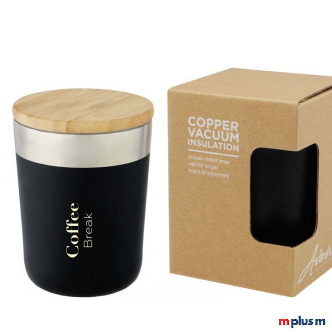 Schwarzer Lagan Edelstahl Thermobecher (330 ml) mit Bambusdeckel, doppelwandig vakuumisoliert, nachhaltiger Werbebecher hochwertig mit Logo bedrucken