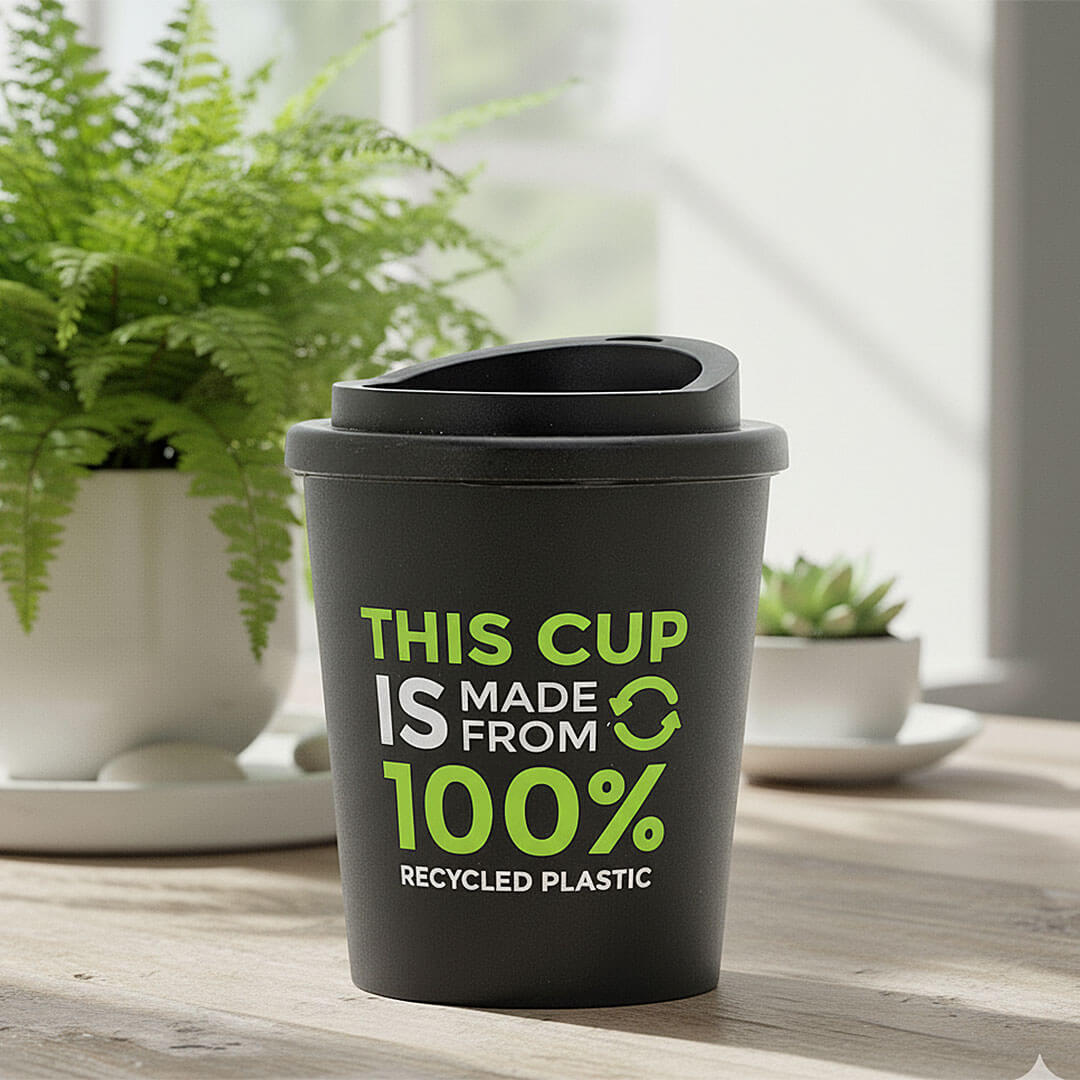 Preiswerter kleiner Recycling Coffee To Go Thermobecher aus Europa. Spülmaschinenfest mit Logo zu bedrucken