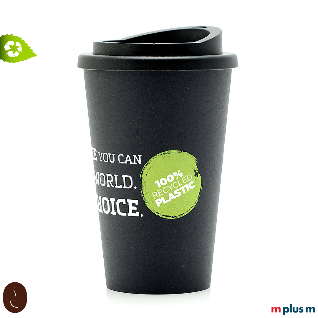 Nachhaltiger Coffee To Go Thermobecher aus 100% Recycling Material. Als Werbeartikel mit 2c Logo Druck