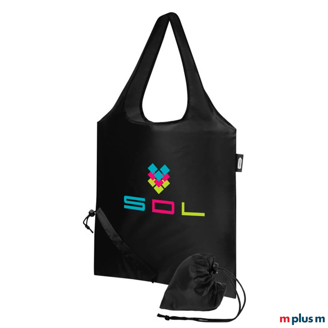 Schwarze faltbare Einkaufstasche als nachhaltiges Werbemittel bedrucken