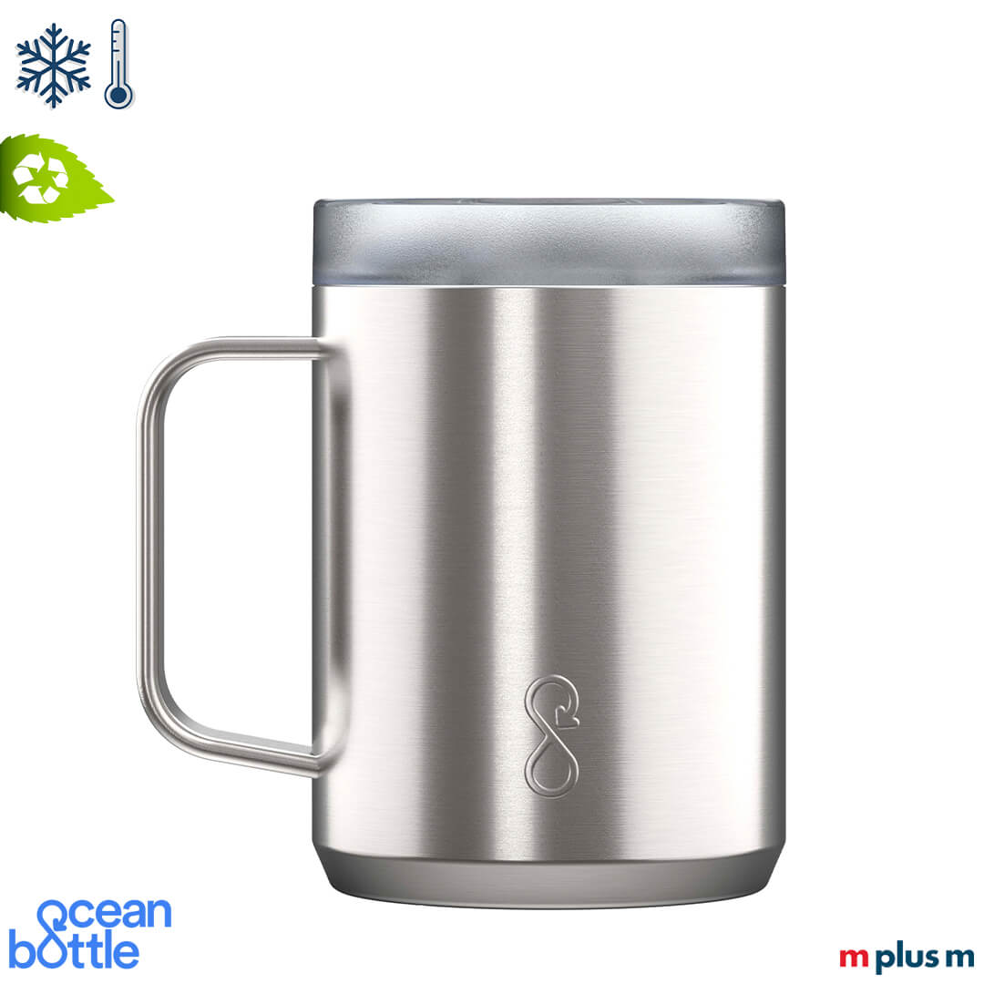 Silberne Ocean Bottle Thermotasse aus recyceltem Edelstahl, CO₂-neutral hergestellt und hochwertig mit Logo gravierbar für Werbung
