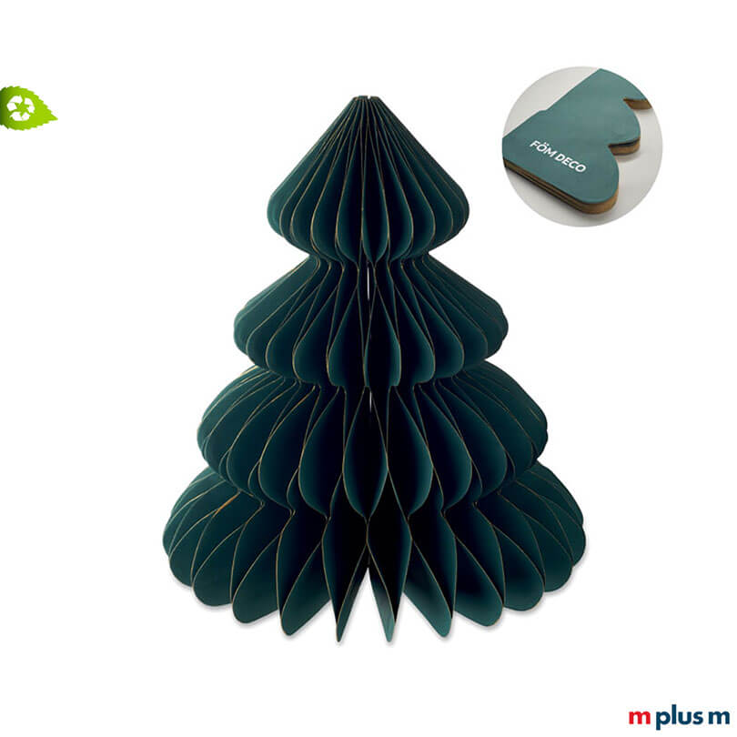 Großformatiger grüner PopUp Papier Weihnachtsbaum, aus 70 % Recyclingpapier gefertigt, mit Druckfläche für Logo – perfekt als nachhaltiges Weihnachts-Corporate Gift