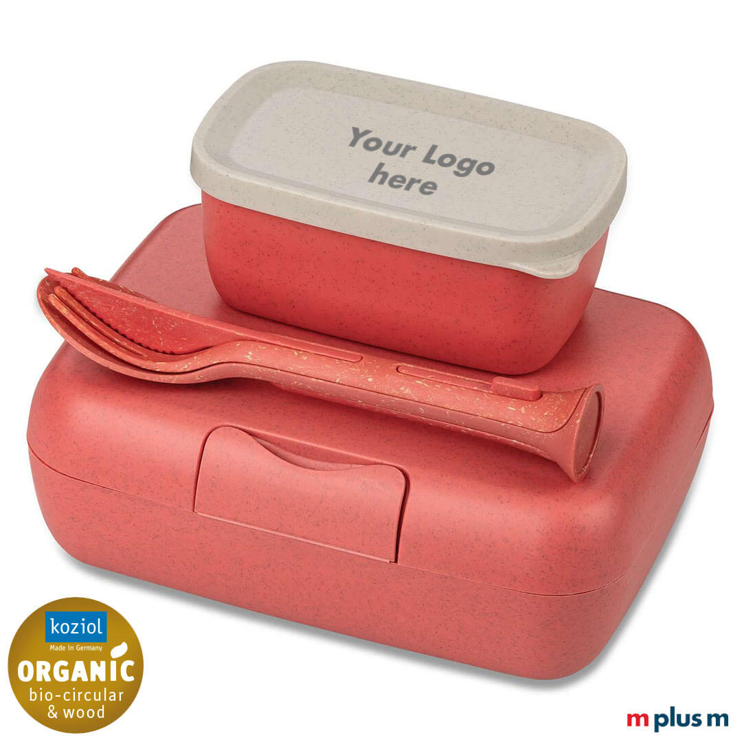 Koziol Werbeartikel made in Germany: das Lunchboxen Set besteht zu 100% aus Bio Kunststoff und recycelbar. Das Set gibt es in 4 Farben