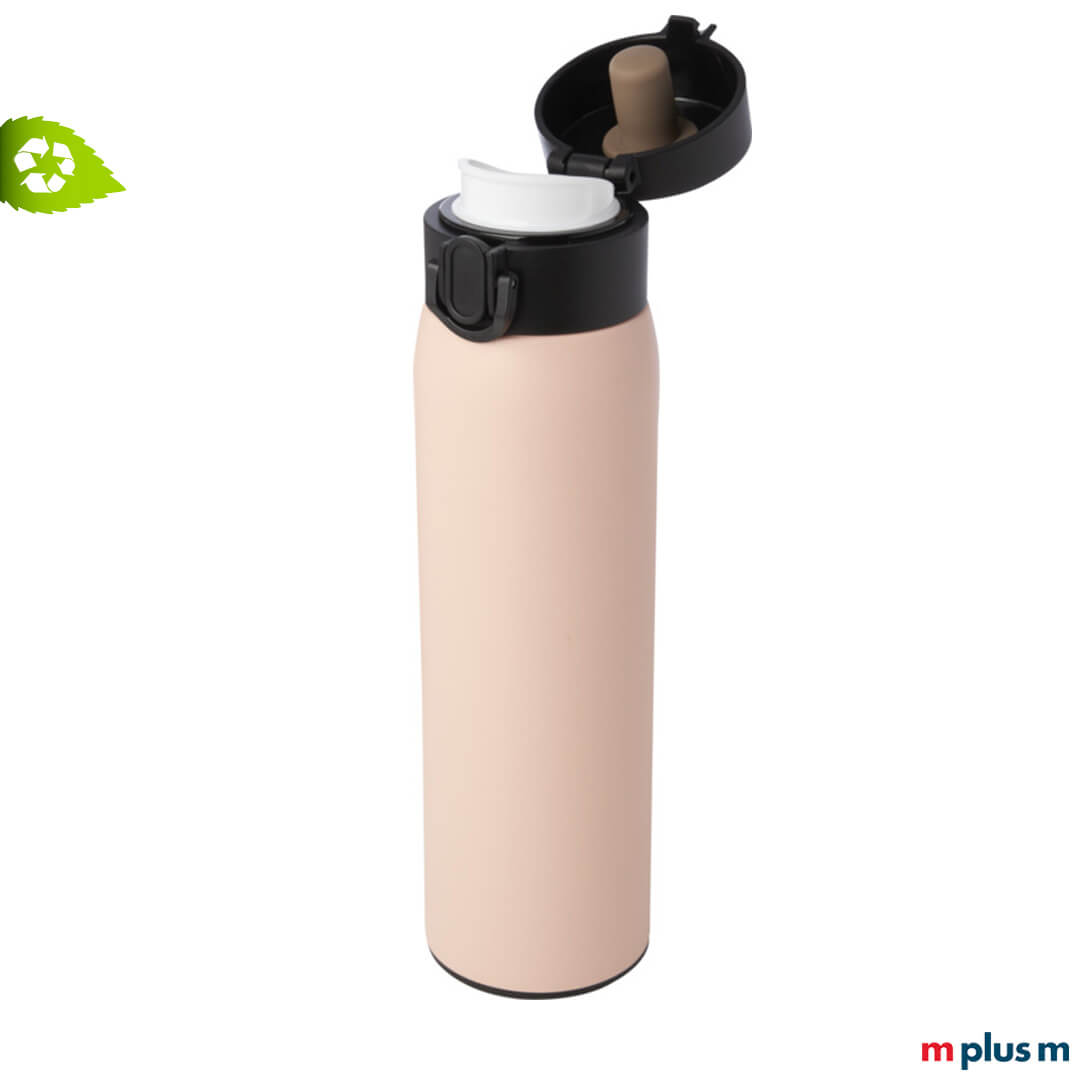 Der Klappdeckel beim rosafarbenen Edelstahl Isolierbecher hält dicht und ist mit der Verriegelung auslaufsicher arretierbar.