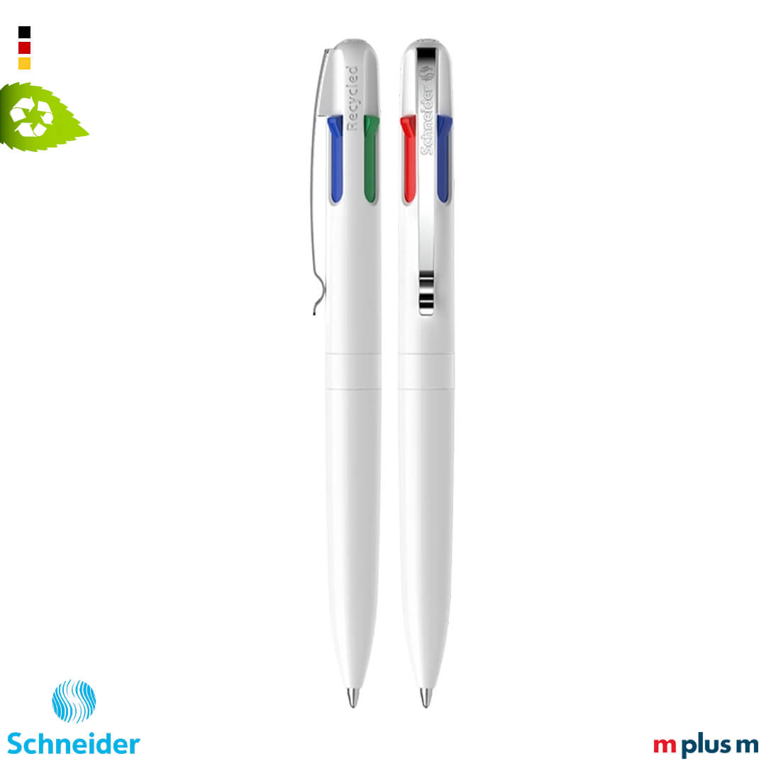 Weißer Schneider Take 4 Promo Kugelschreiber mit recyceltem Kunststoffgehäuse und Viscoglide®-Technologie, nachhaltiger Werbestift hochwertig mit Logo bedrucken