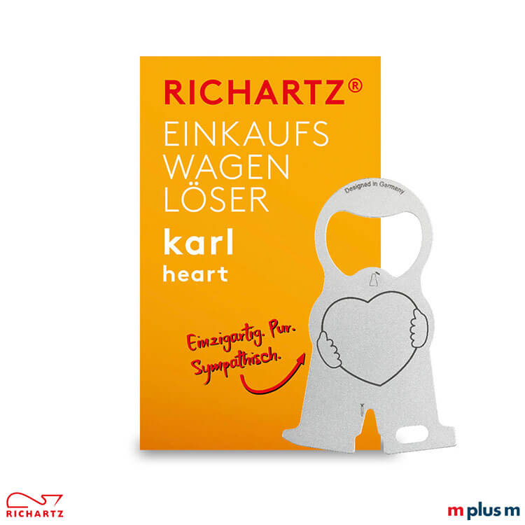 Der Einkaufswagenlöser karl heart mit der Klappkarte als Einzelverpackung. Günstiger Streuartikel