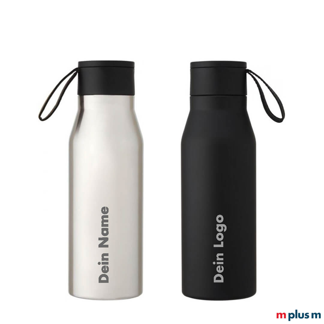 Nachhaltige Thermosflasche in grau und silber mit Logo-Druck