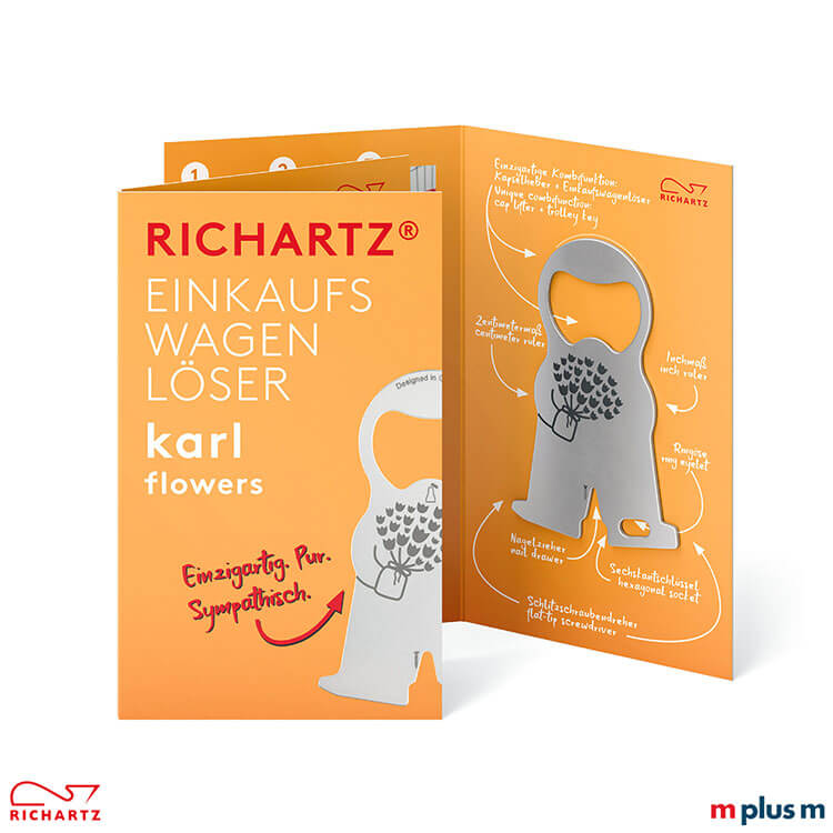 Das Standardmotiv für die Einzelverpackung karl flowers. Der Einkaufswagenlöser kann ab 250 Stück auch mit individueller Einzelverpackung geliefert werden