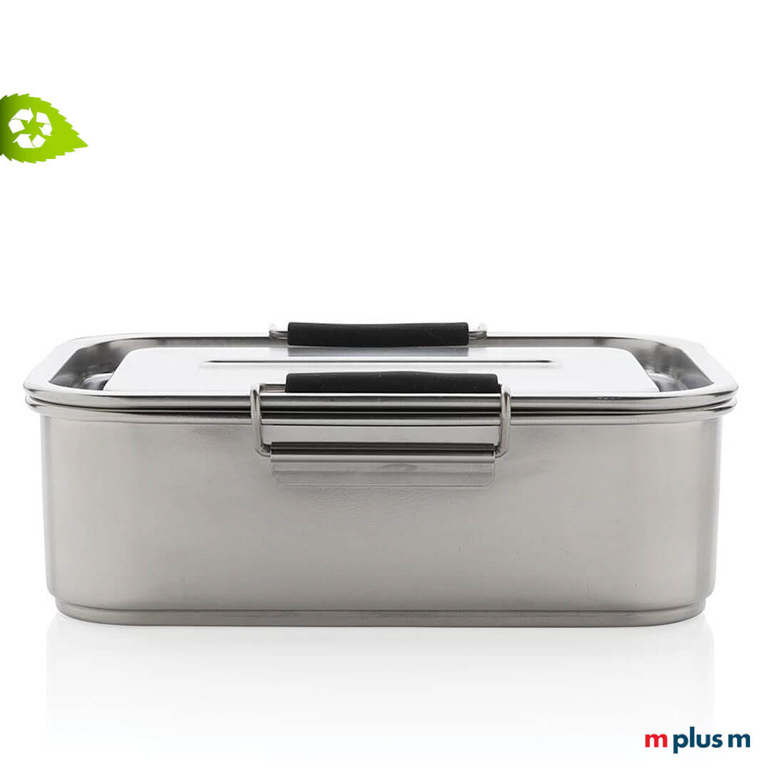 Die 'Iris' Edelstahl Brotdose ist auslaufsicher und wird mit 2 Clipverschlüssen verschlossen. Ab einer Menge von 25 Stück können Sie die Edelstahl Brotdose bedrucken lassen