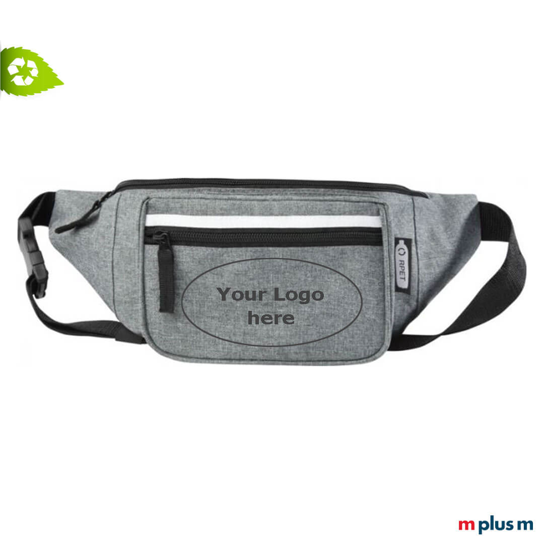 Nachhaltige graue Bauchtasche aus RPET. Mit eigenem Logo bedrucken.