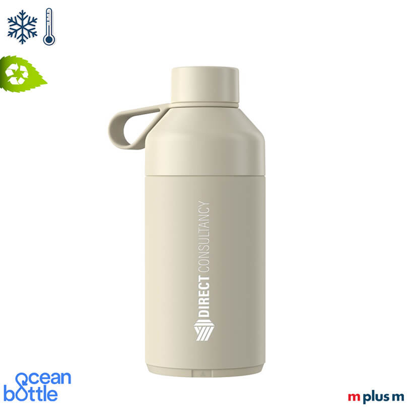 Nachhaltige Trinkflasche in der Farbe Beige mit Beispieldruck für individuelles Logo Motiv