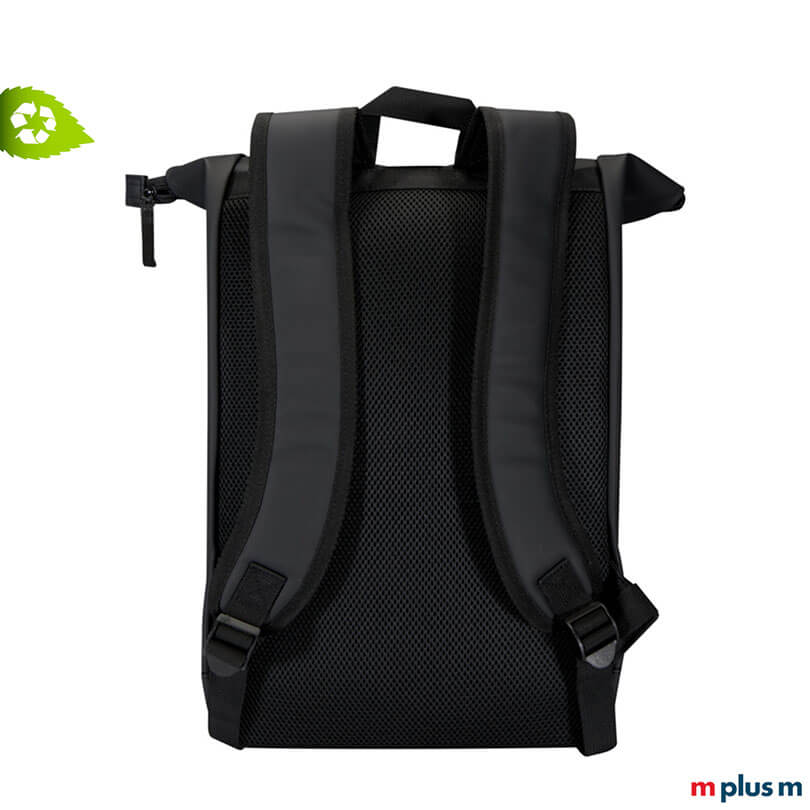 Rückseite des AquaPack Rolltop Rucksacks mit gepolstertem Rückenpanel und Schultergurten