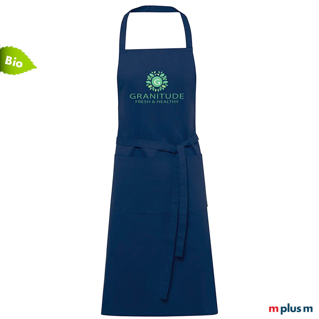 Bio Baumwoll Latzschürze Bocca in dunkelbalu mit Logo Druck