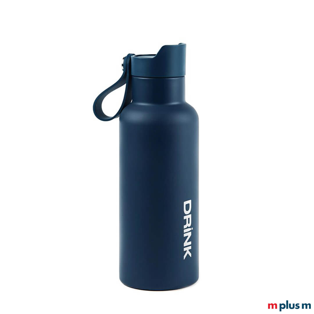 Blaue Thermosflasche aus Edelstahl bedruckt mit Motiv zum verschenken an Kunden und Mitarbeiter an Weihnachten
