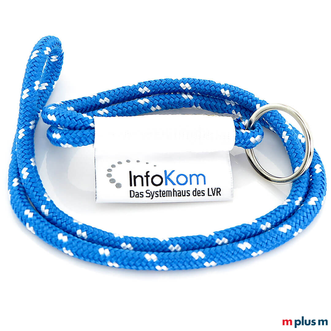 Blaues Kordel Lanyard in Sonderanfertigung mit eingewebtem Logo als Giveaway