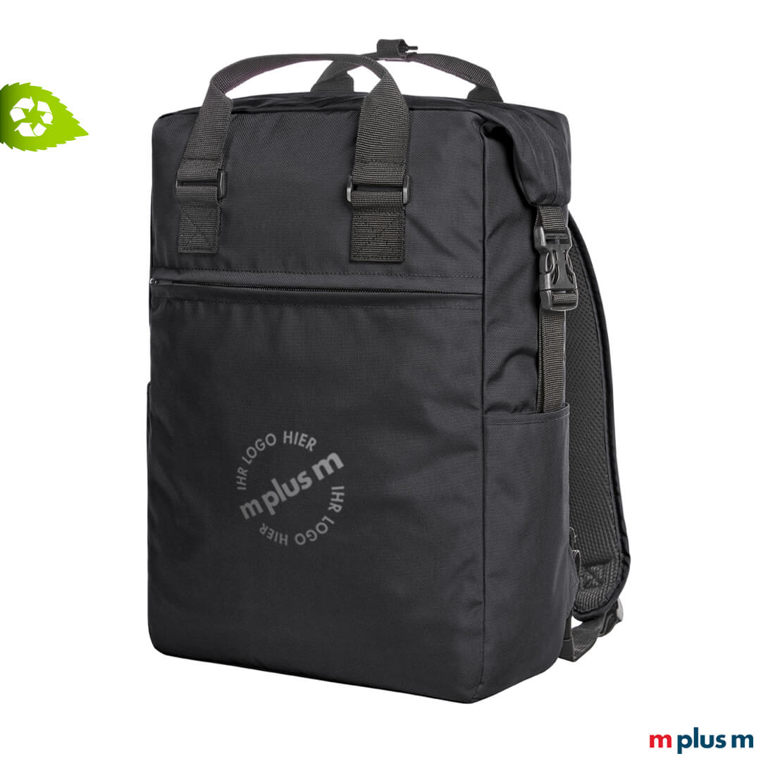 Daily Notebookrucksack in der Farbe schwarz bedruckt mit Logo als nachhaltiges Werbegeschenk