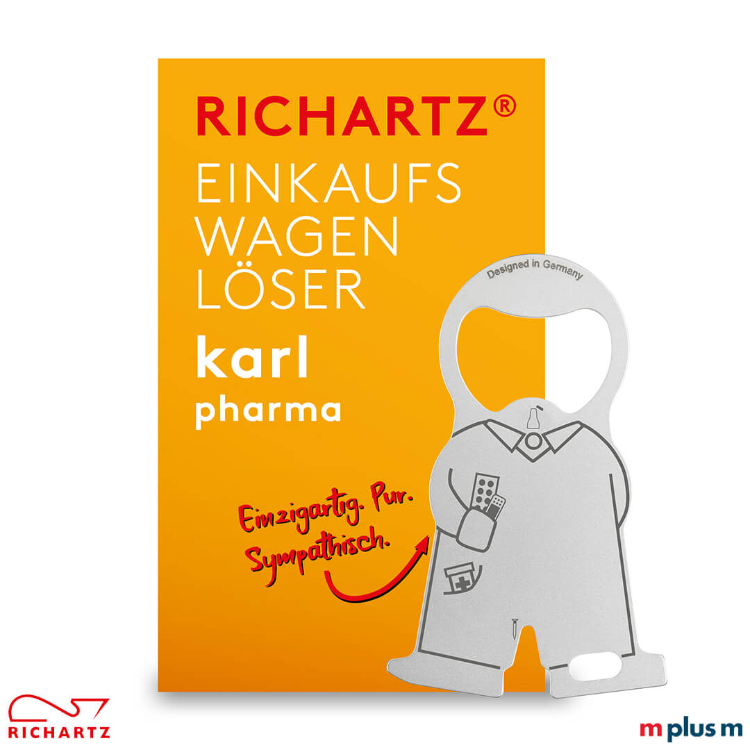 Giveaway für alle Berufe in der Gesundheitsbranche: karl pharma Einkaufswagenlöser aus Metall mit Logo Gravur