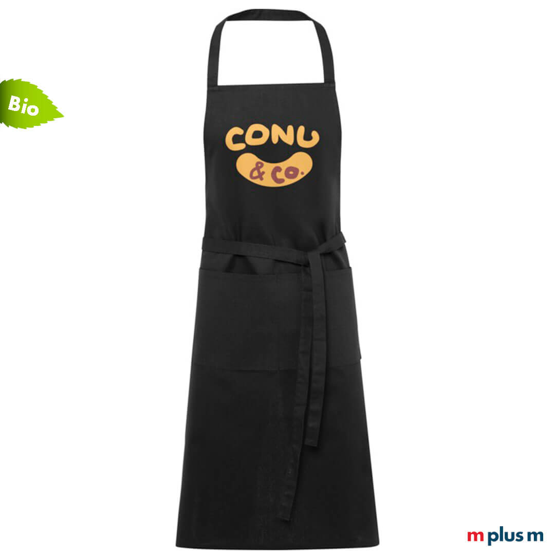 Gastro Latzschürze aus zertifizierter Bio Baumwolle in schwarz als Werbeartikel mit Logo bedrucken