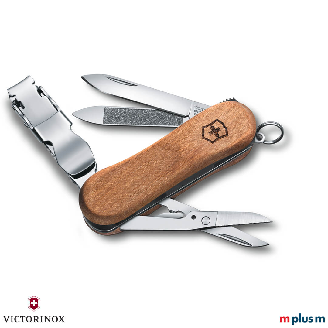 Das Schweizer Taschenmesser mit Holzschale und Nagelknipser von Victorinox. Mit Logo Gravur als Werbeartikel lieferbar.