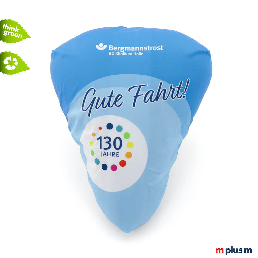 Sattelschoner komplett im eigenen Design: Aus PET Recycling Material und preiswert. Der Velo Allover Sattelbezug als Giveaway