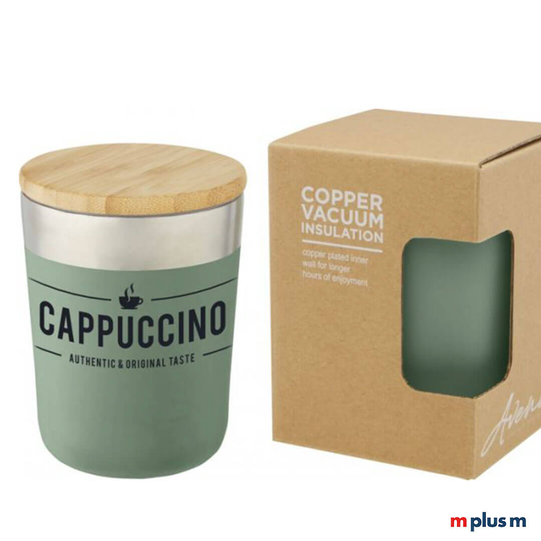 Grüner Lagan Edelstahl Thermobecher (330 ml) mit Bambusdeckel, vakuumisoliert für heiße und kalte Getränke, nachhaltig mit Logo bedrucken