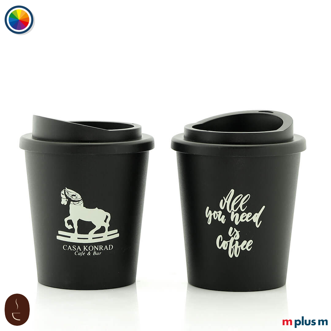 Early Bird Thermobecher schwarz aus PP-Kunststoff, spülmaschinengeeignet und BPA-frei mit Logo Druck personalisieren