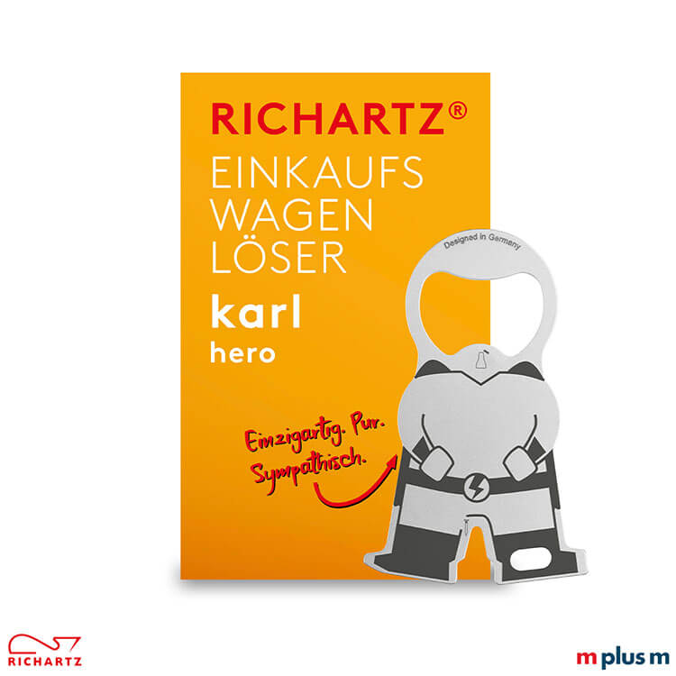 Klappkarte als Einzelverpackung beim Einkaufswagenlöser karl hero als Streuartikel