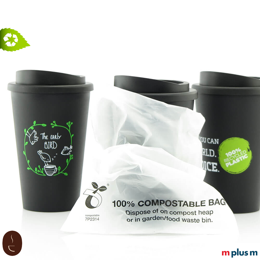 Der nachhaltigerThermobecher Green Coffee Shop wird einzelverpackt im kompostierbaren Beutel geliefert