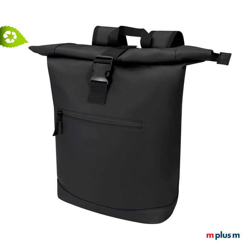 AquaPack Rolltop Laptop-Rucksack aus wasserabweisendem recycling PU-Kunststoff schwarz zum bedrucken