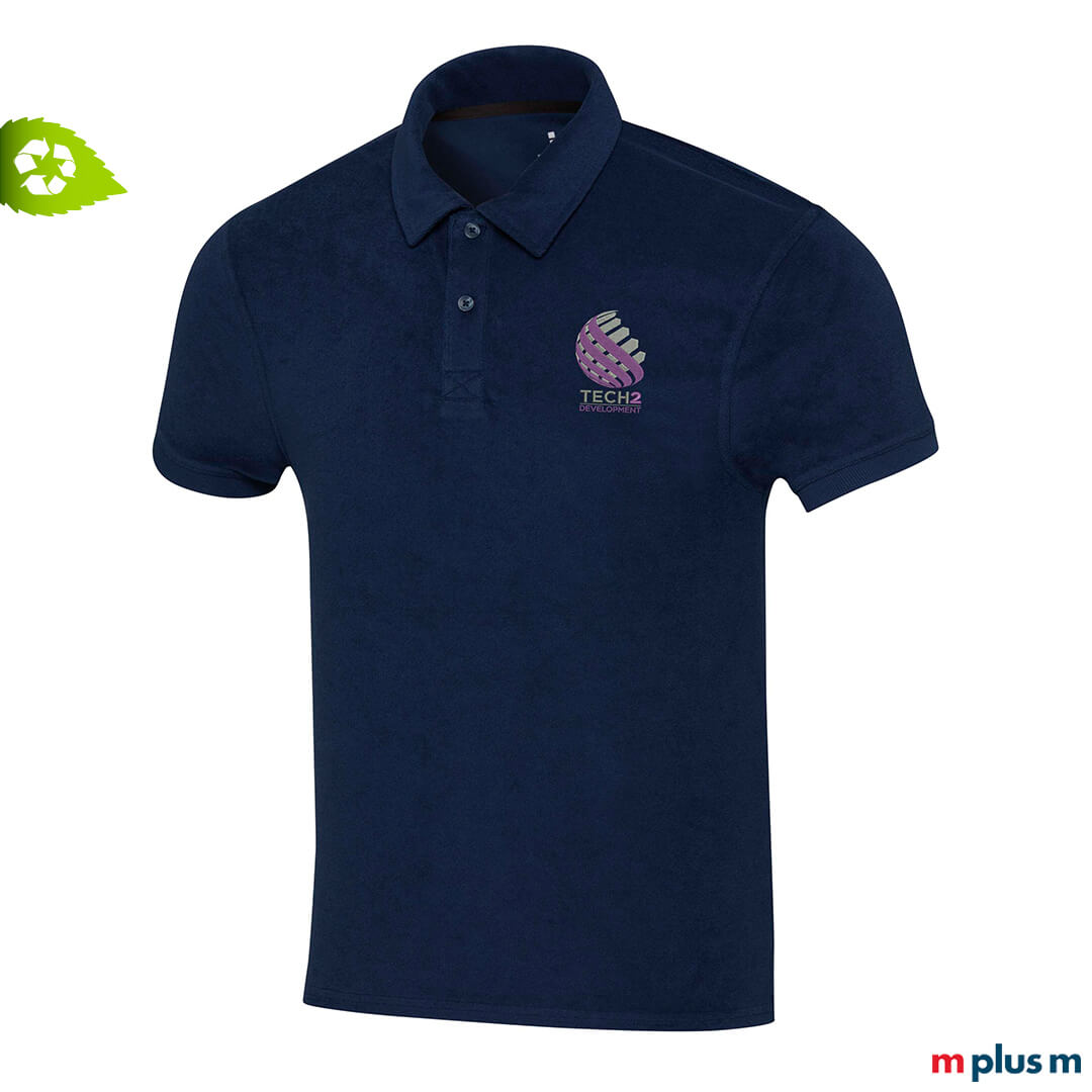 Preiswertes Poloshirt aus Recycling-Frottee in Dunkelblau mit individuellem Druck