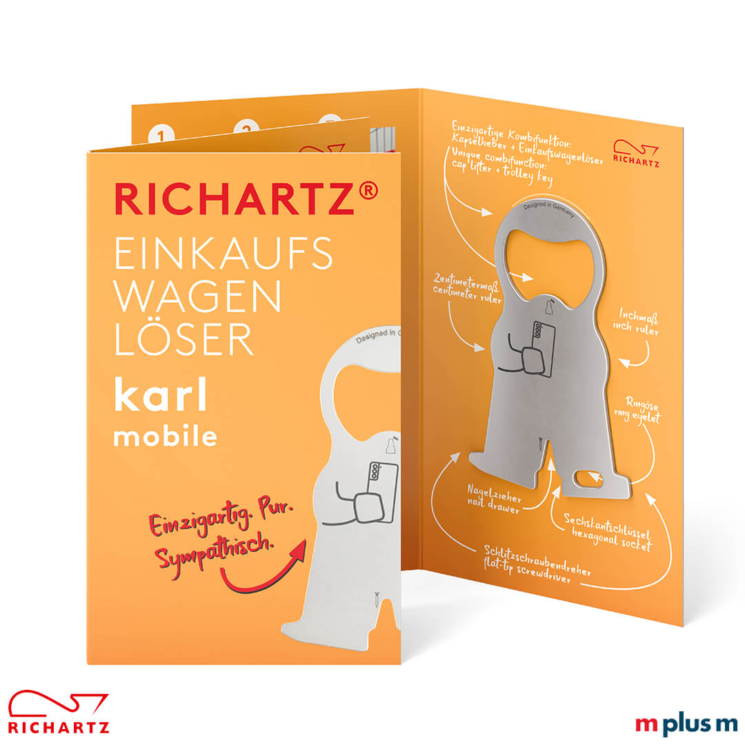 Der Einkaufswagenlöser karl mobile mit der Klappkarte als schönes Giveaway. Ab 250 STück kann die Einzelverpackung auch individuell gestaltet werden.