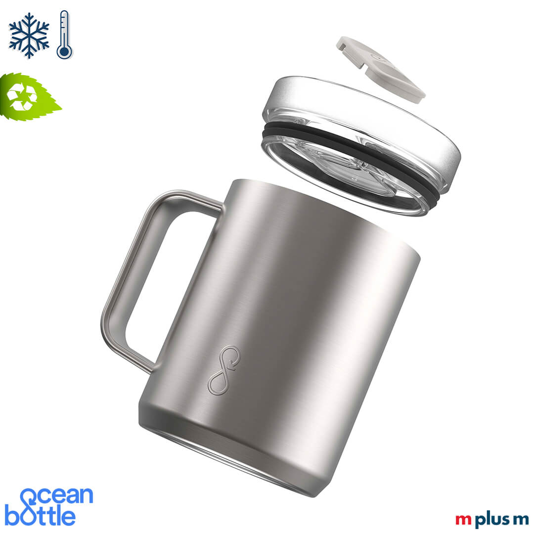 Silberner Ocean Bottle Reisebecher aus recyceltem Edelstahl ist CO₂-neutral, spülmaschinengeeignet und mit Firmenlogo gravierbar