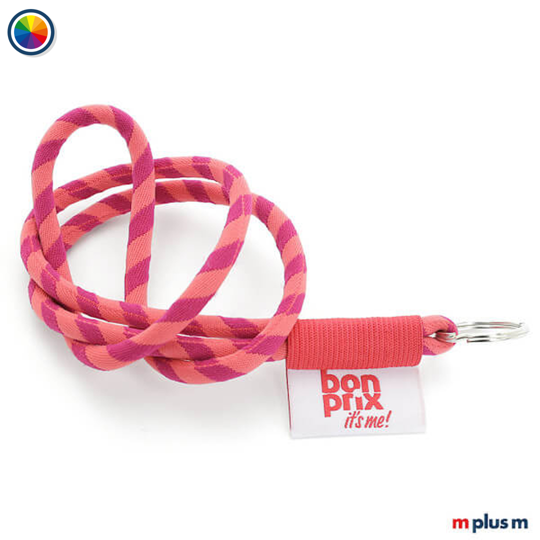 Tube Flag Kordel Schlüsselband. Zweifarbig nach Pantone mit Logo auf gewebten Etikett