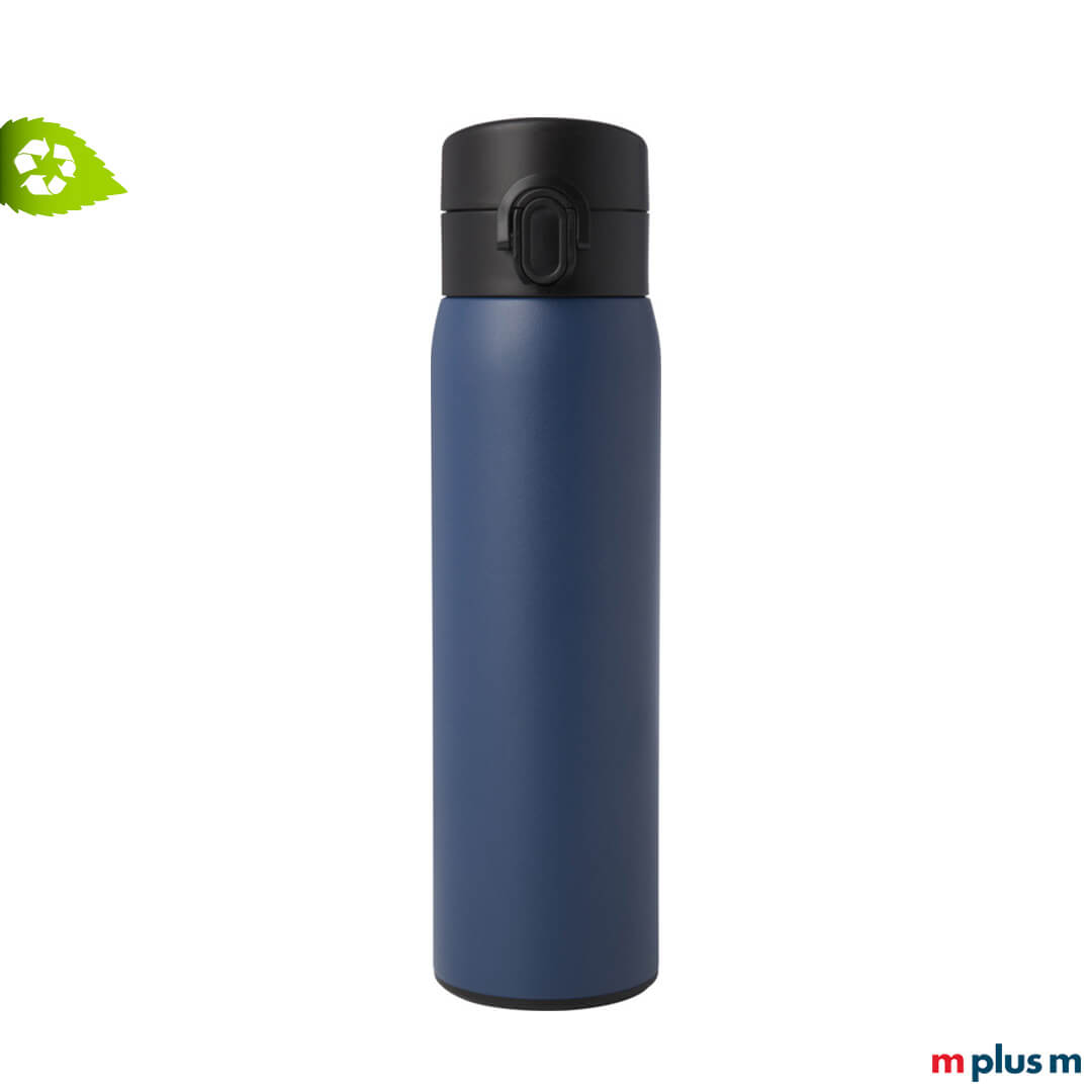 Dunkelblauer Edelstahl Isolierbecher aus Recycling Edelstahl. Ab 50 Stück mit Logo Gravur als Werbeartikel.