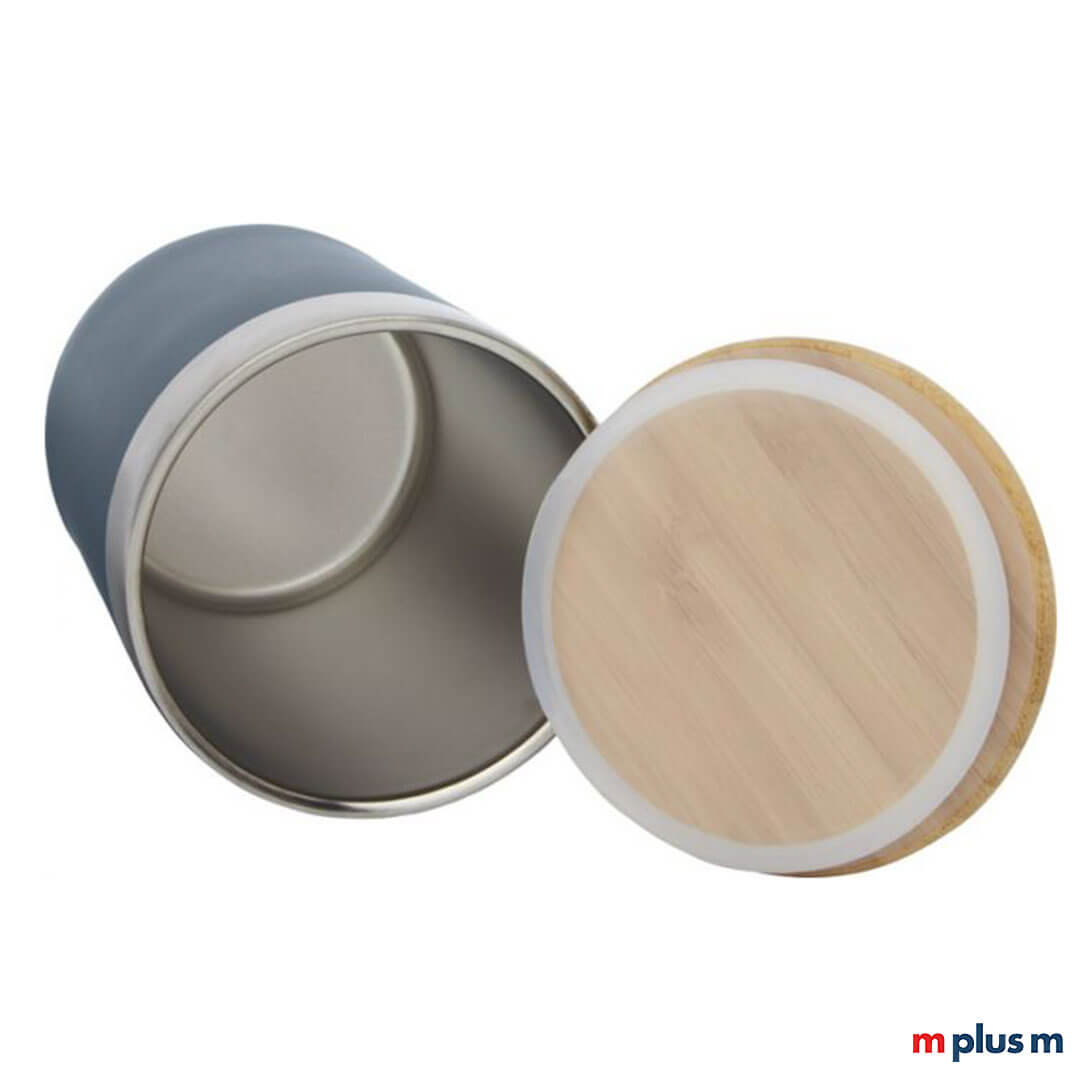 Blauer Lagan Edelstahl Thermobecher (330 ml) mit Bambusdeckel, doppelwandig isoliert, nachhaltiger Werbebecher funktional und hochwertig mit Logo bedrucken