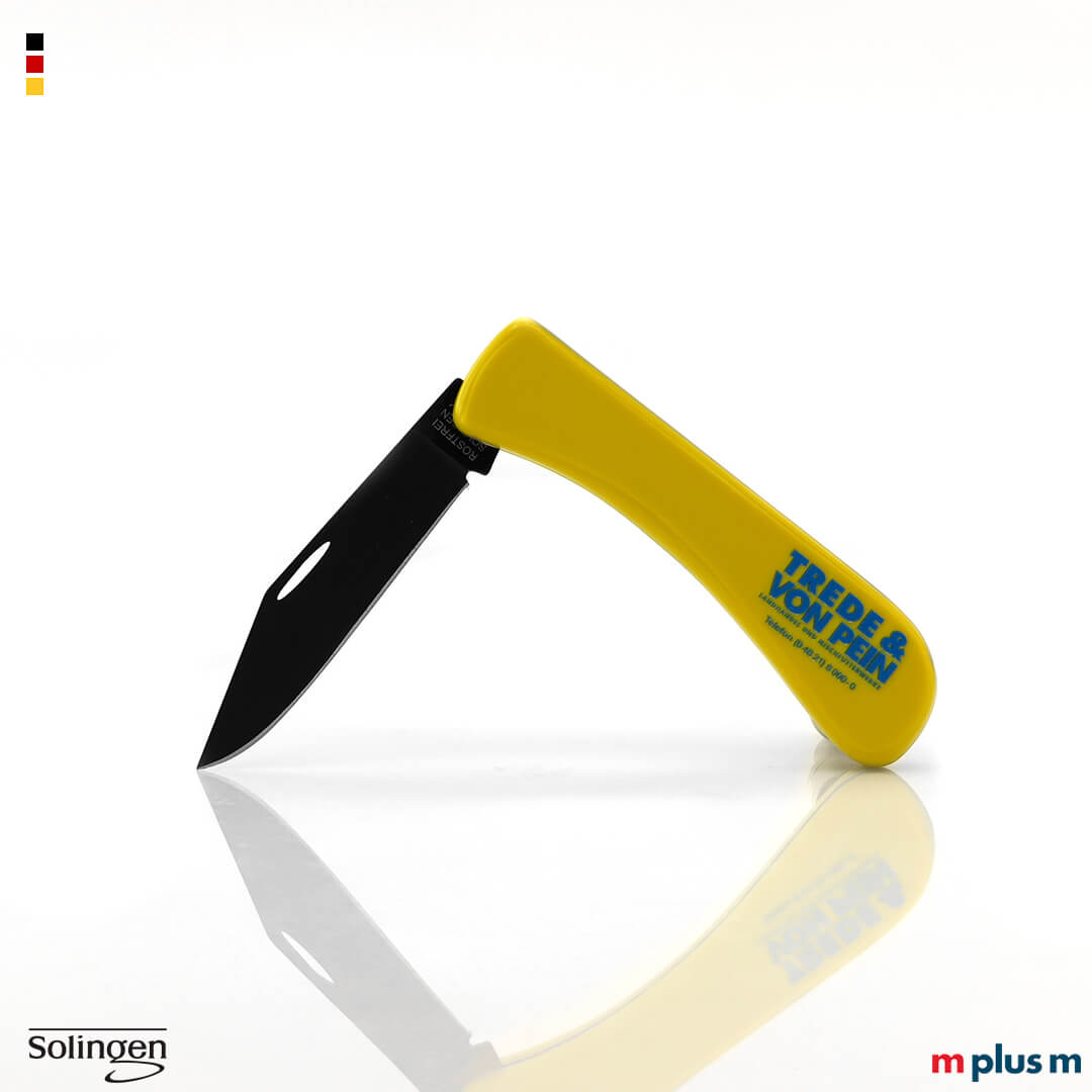 Gelbes Einklingen Taschenmesser mit Teflon-Beschichtung und matten Schalen. Mit einfarbigen Logo Druck als Werbegeschenk