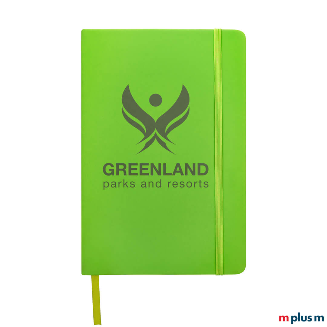 A5 Notizbuch Inspiration, 96 linierte Blätter, SMETA auditiert, Grün mit Logo bedruckt