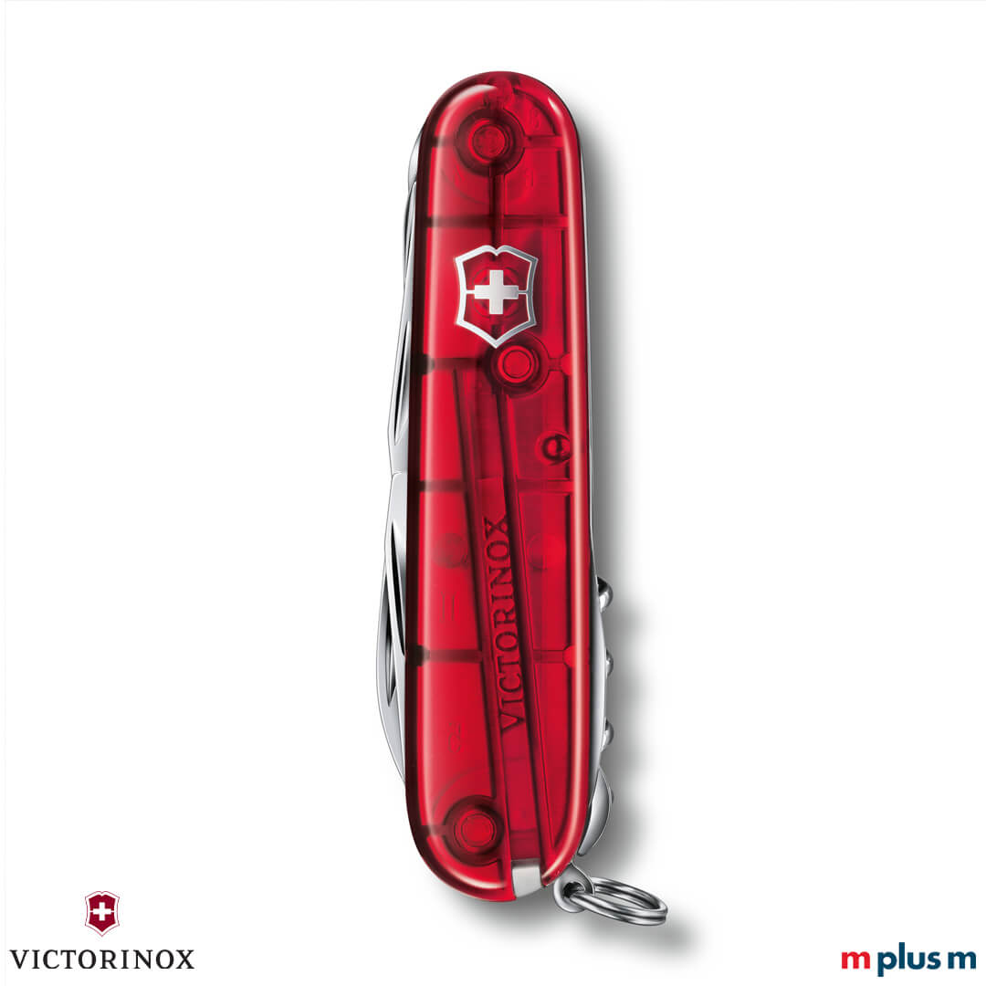 Das vielseitige Victorinox Taschenmesser Huntsman mit transparent roten Schalen als Werbegeschenk
