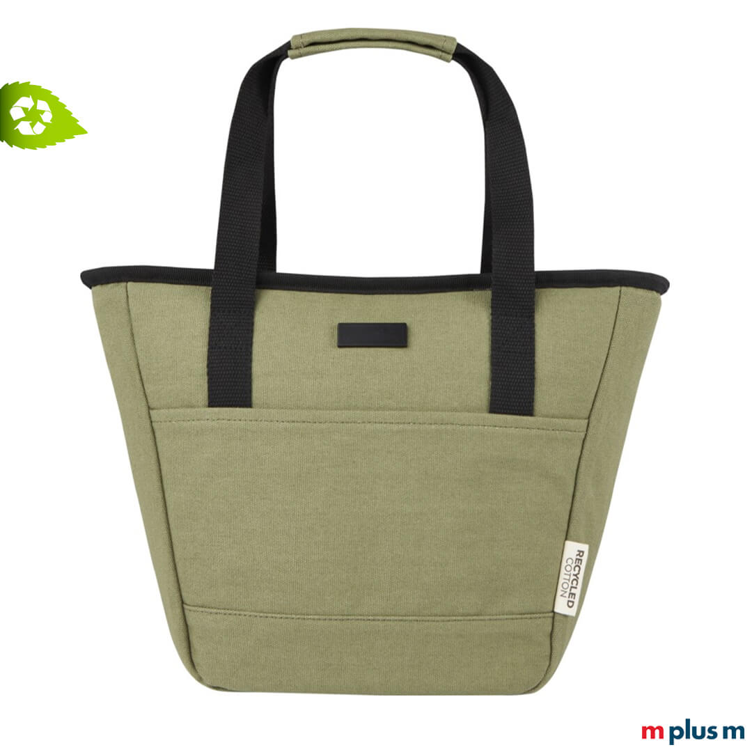 Hochwertige olive-grüne Kühltasche aus Recycling Canvas mit Logo Druck als Werbeartikel