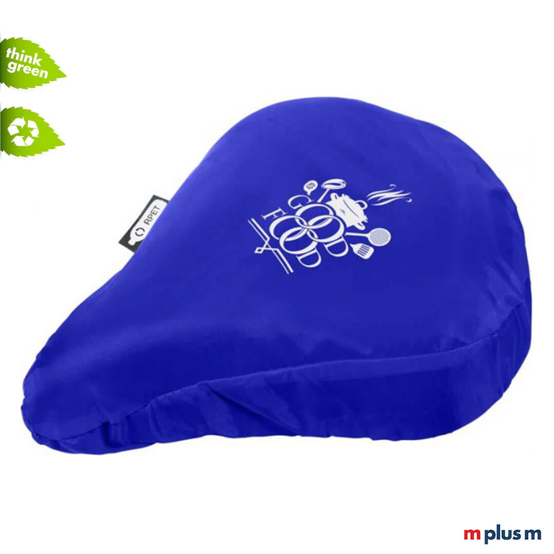 Blauer Regen Sattelüberzug aus Recyceltem Material. Nachhaltiger Werbeartikel