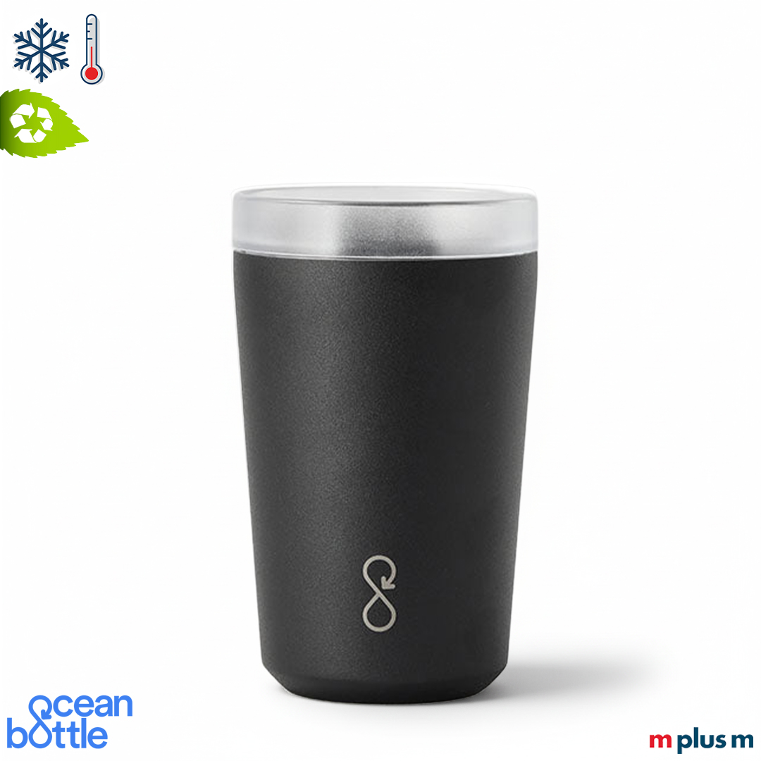 Ocean Bottle Isolierbecher 350 ml schwarz aus 90 Prozent recyceltem Edelstahl, nachhaltiger Coffee To Go Becher hochwertig mit Logo Druck personalisieren