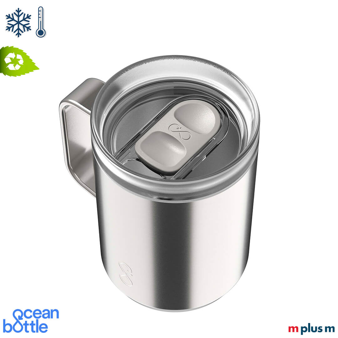 Nachhaltige silberne Ocean Bottle 350 ml mit recyceltem Edelstahl, NFC-Chip und Logo Gravur für umweltbewusste Markenauftritte