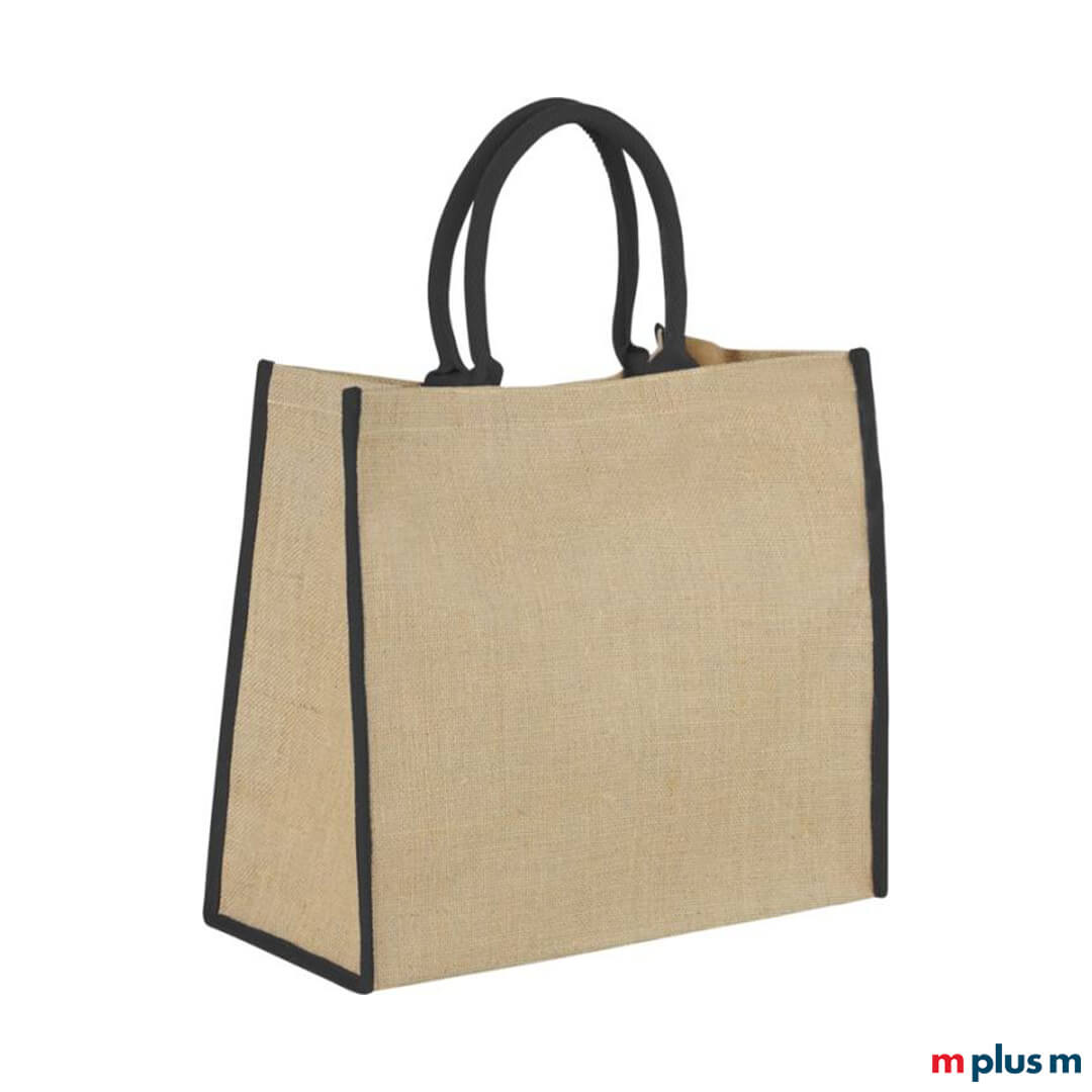 Schwarze Einkaufstasche mit Logo-Druck als Werbegeschenk