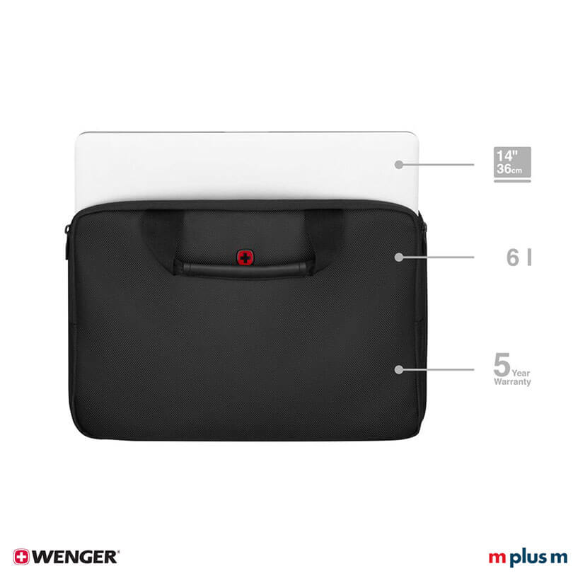 Schwarze Wenger Guyde 14 Laptop Tasche aus recycelten PET-Flaschen gefertigt, nachhaltige Notebooktasche funktional mit Logo bedrucken