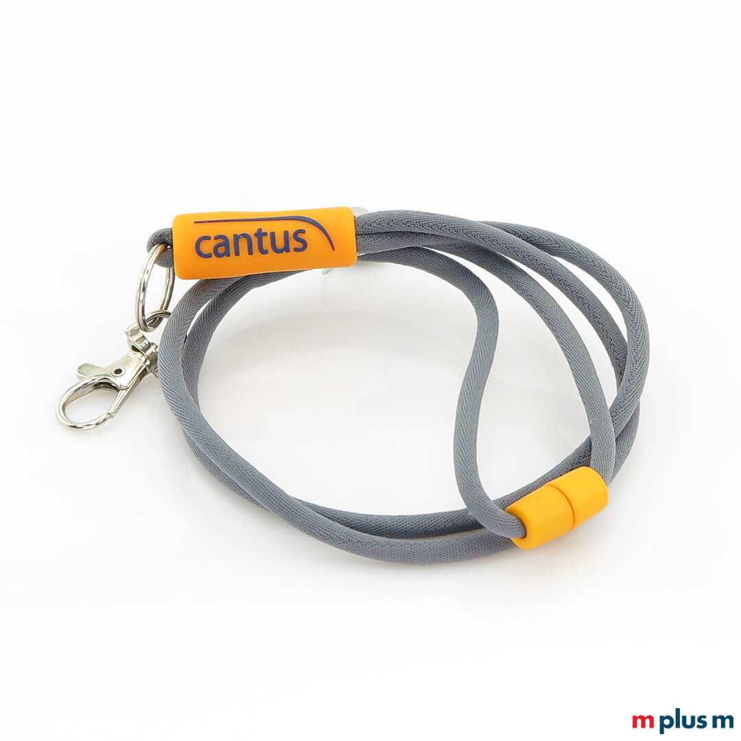 Tube Bullet Kordel Schlüsselband in Frau mit Logo auf Gummi-Hülse in Orange als Werbeartikel