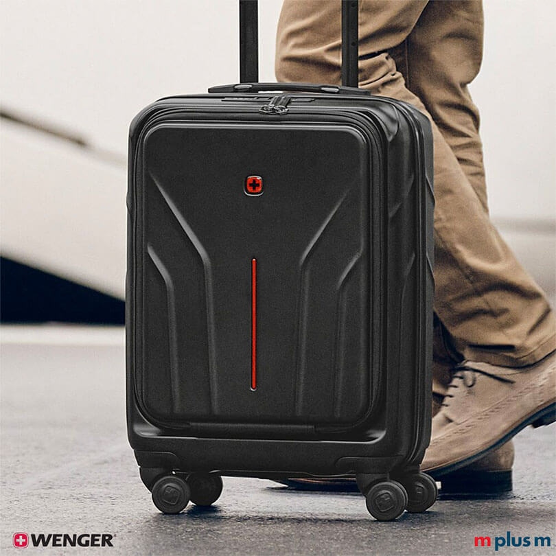 Wenger Amplix Cabin Trolley schwarz mit abnehmbarem Laptopfach bis 16 Zoll und Tabletfach, moderner Handgepäckkoffer mit Logo Druck personalisieren