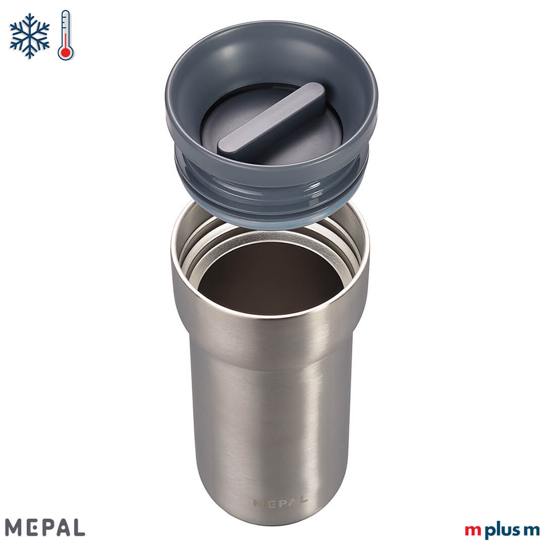 Doppelwandiger Mepal Edelstahlbecher mit großer Eiswürfelöffnung – bleibt außen kühl, innen heiß oder kalt, mit perfektem Sitz im Getränkehalter