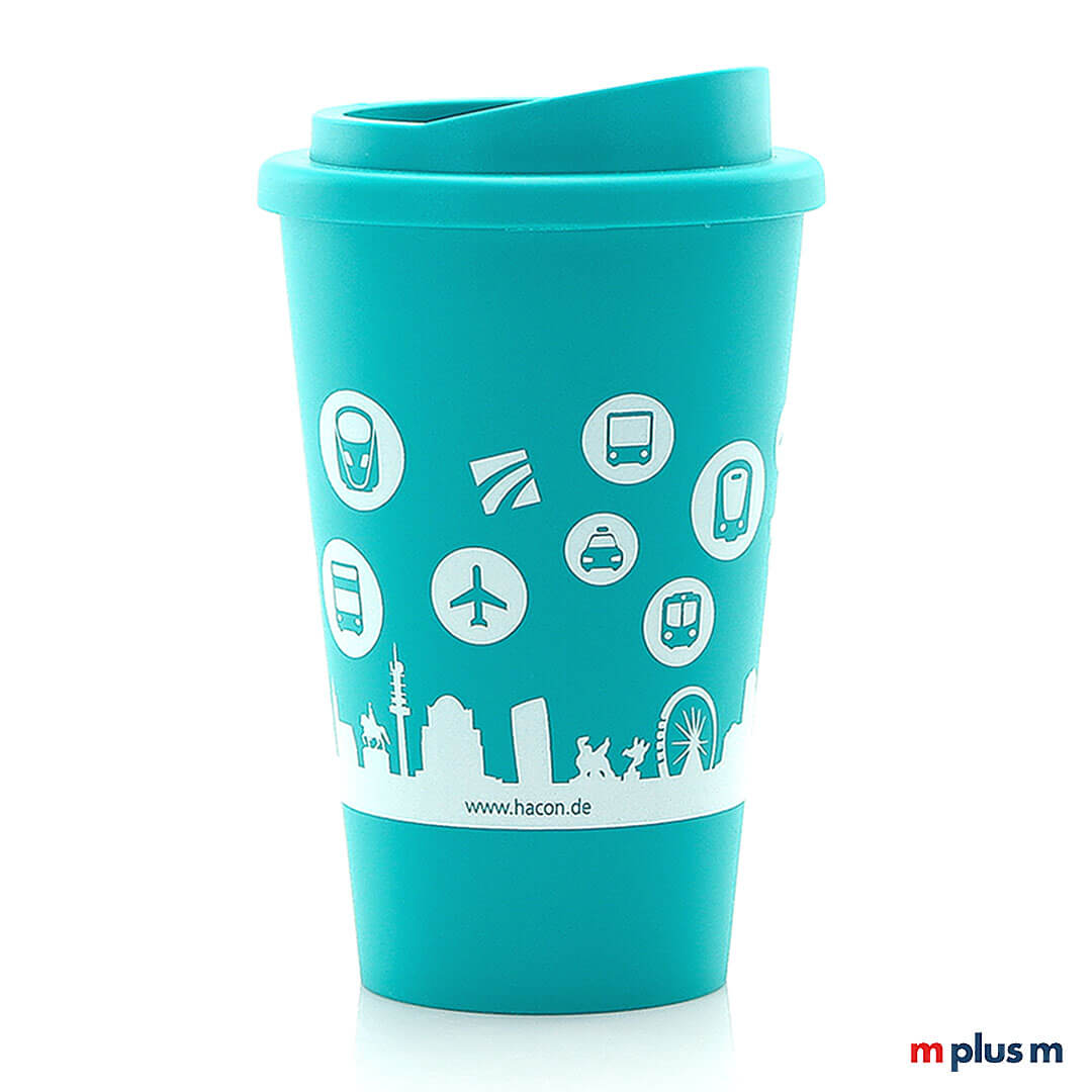 Classic Coffee Shop Thermobecher aqua 350 ml, stabil und recycelbar, Mehrwegbecher hochwertig mit Logo Druck